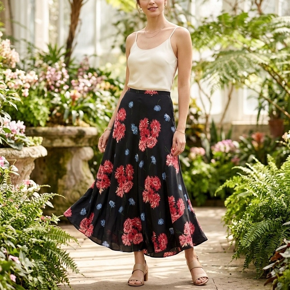 Vintage Jones New York Maxi Skirt 10 Black Silk Floral Pink Blue Romantic Flowy